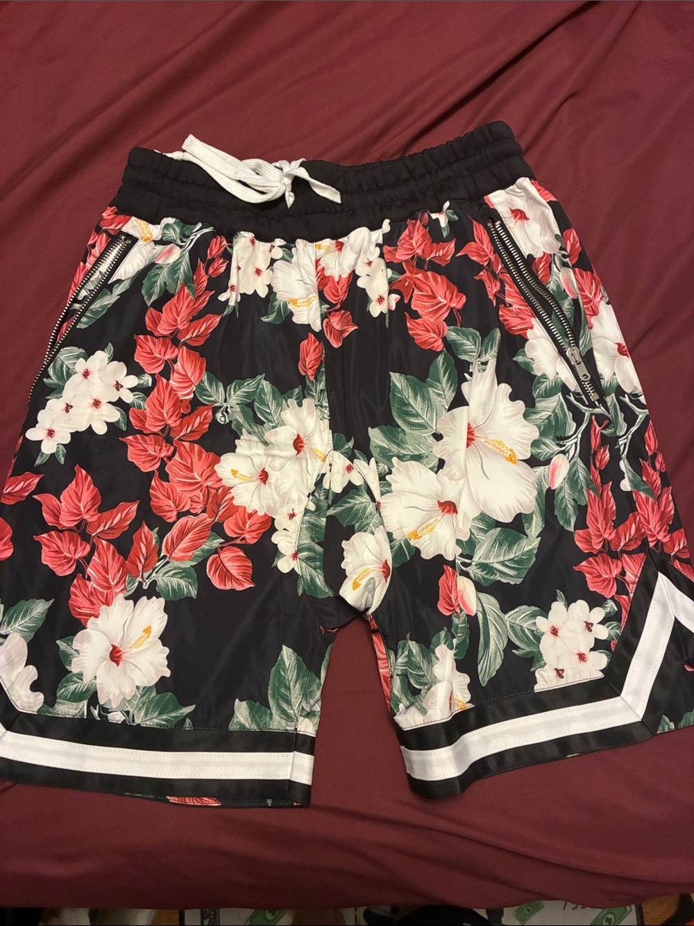 Black Floral Men's Swim Board Shorts with Red & White Hibiscus